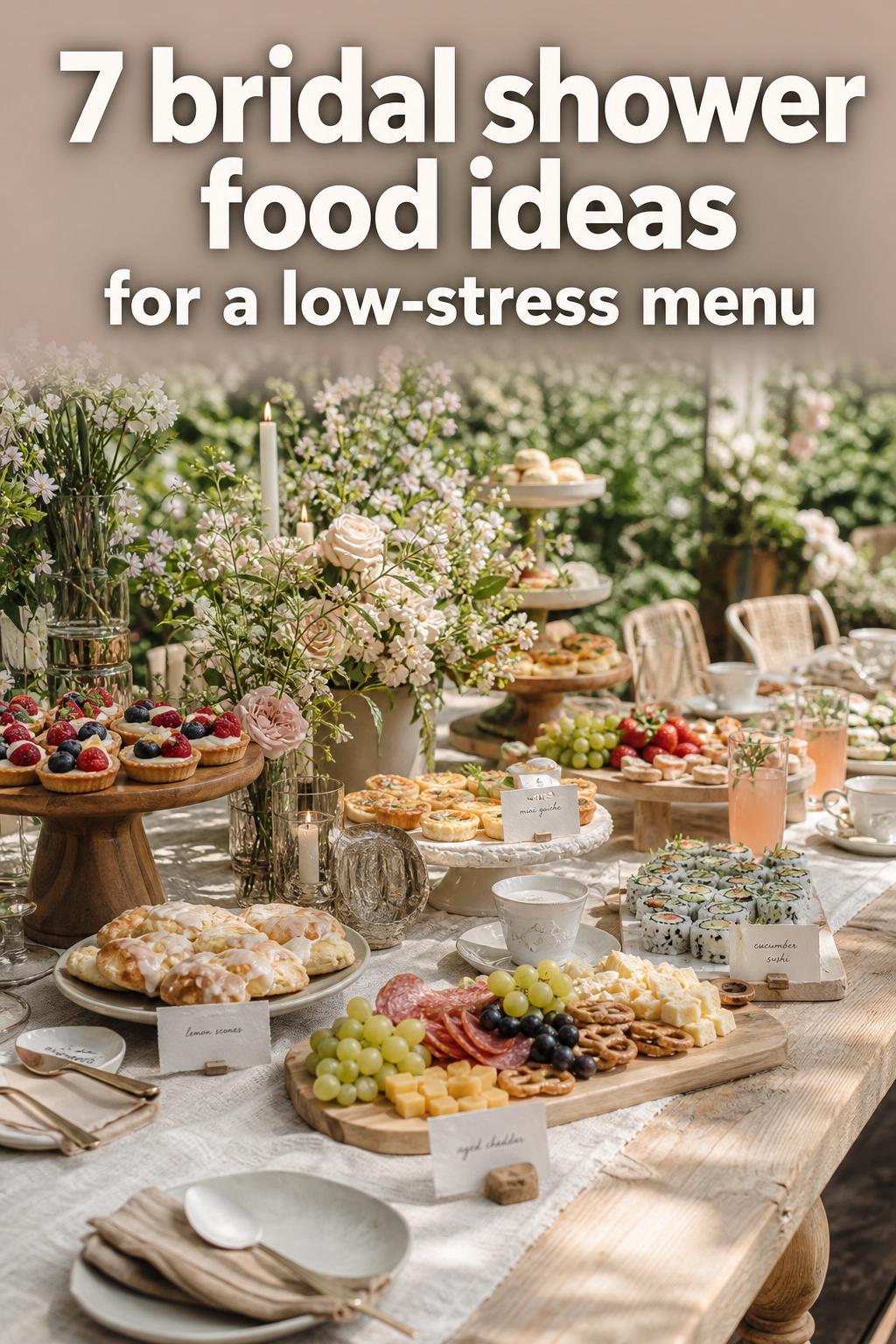 Bridal shower food ideas displayed on an elegant buffet table with mini sandwiches, fruit, and desserts