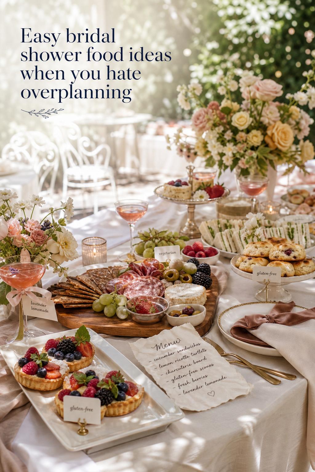 Bridal shower food ideas on an airy garden grazing table with pastries, charcuterie, tea sandwiches, and mocktails