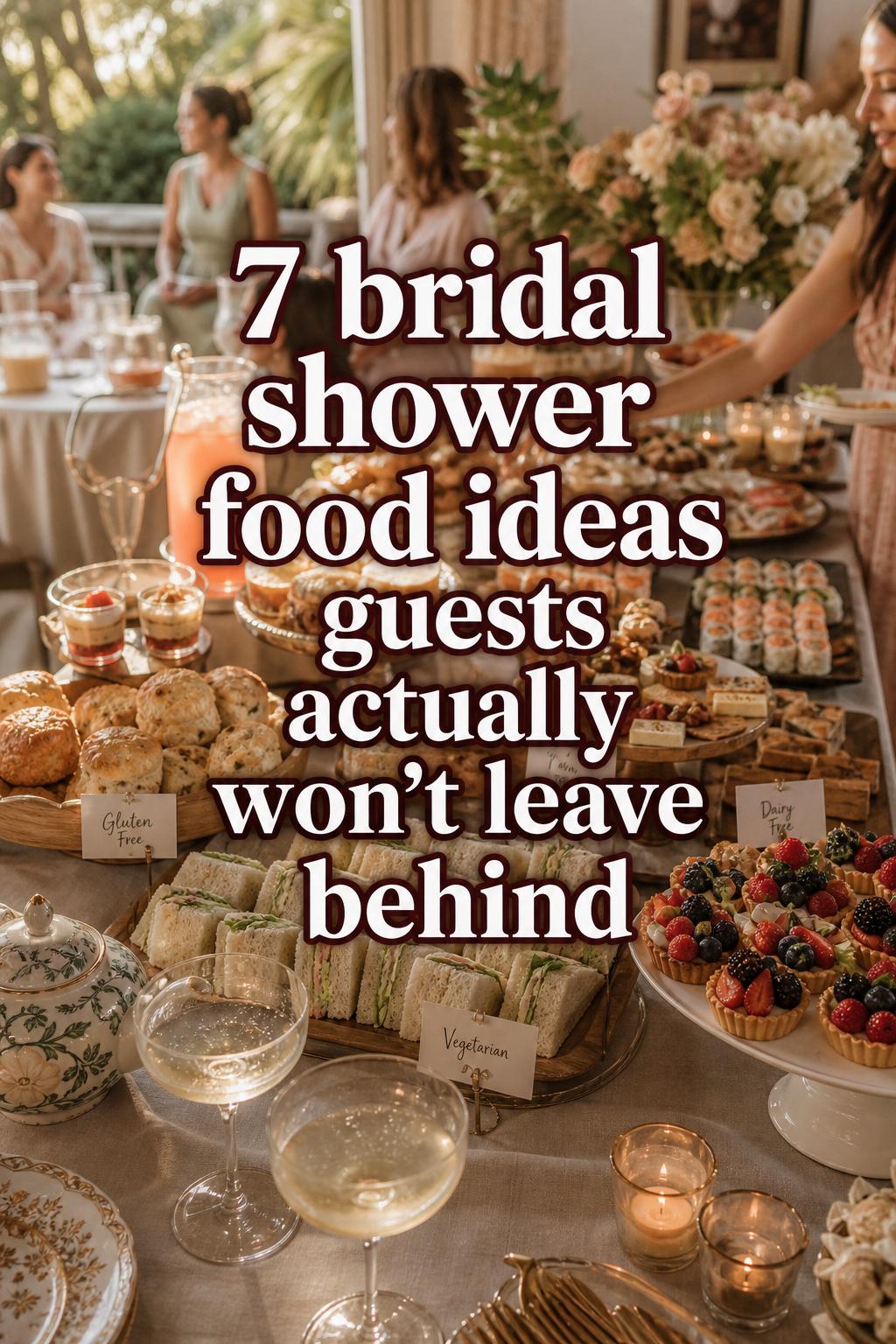 Bridal shower food ideas on a golden-hour grazing table with pastries, charcuterie, tea sandwiches, and mocktails