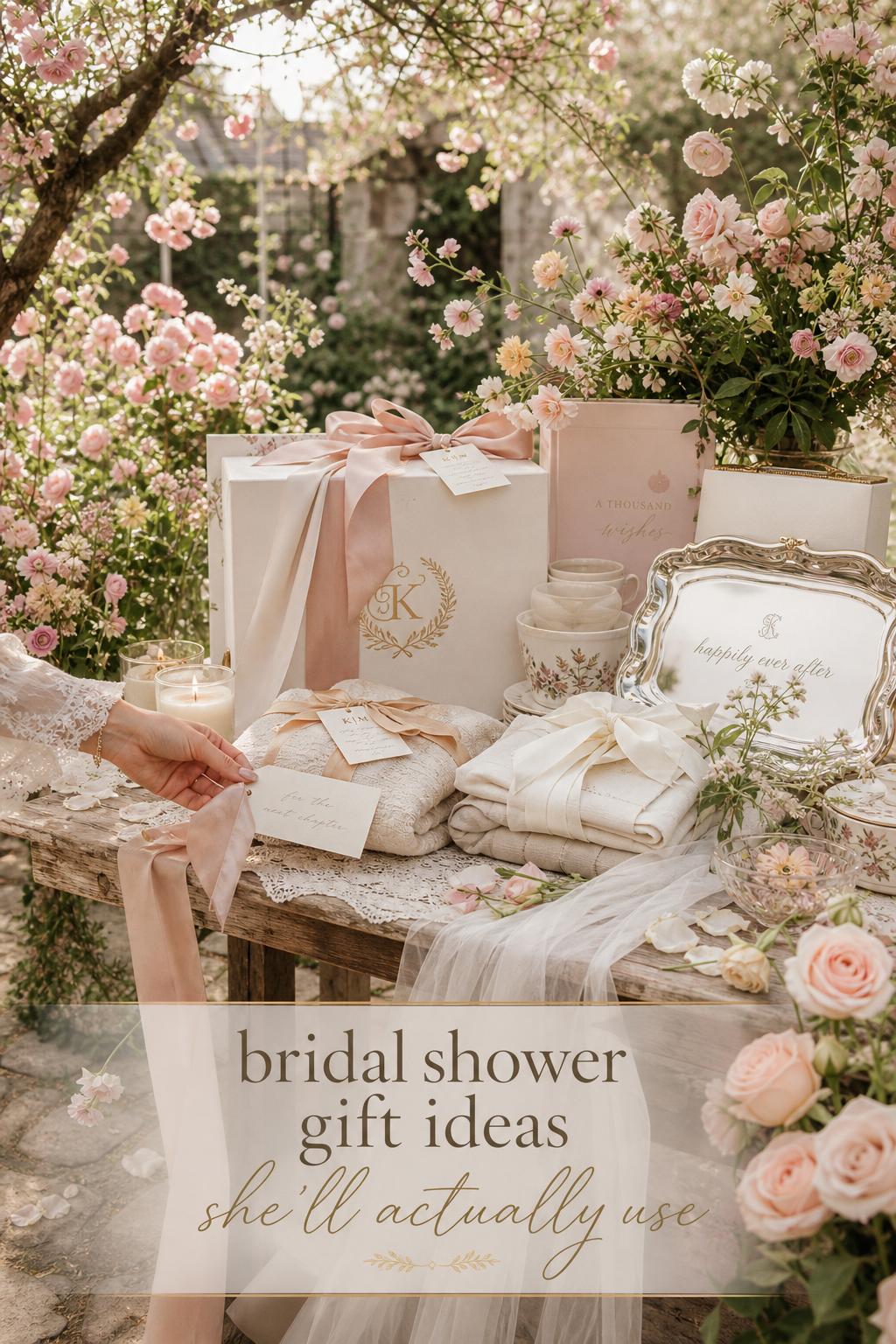 Bridal shower gift ideas styled on an antique garden table with wrapped presents, ribbons, and lush spring florals