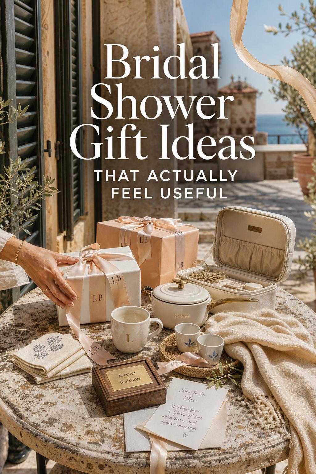 Bridal shower gift ideas styled on a sunlit Italian hotel terrace table with wrapped boxes, mugs, linen, and travel case
