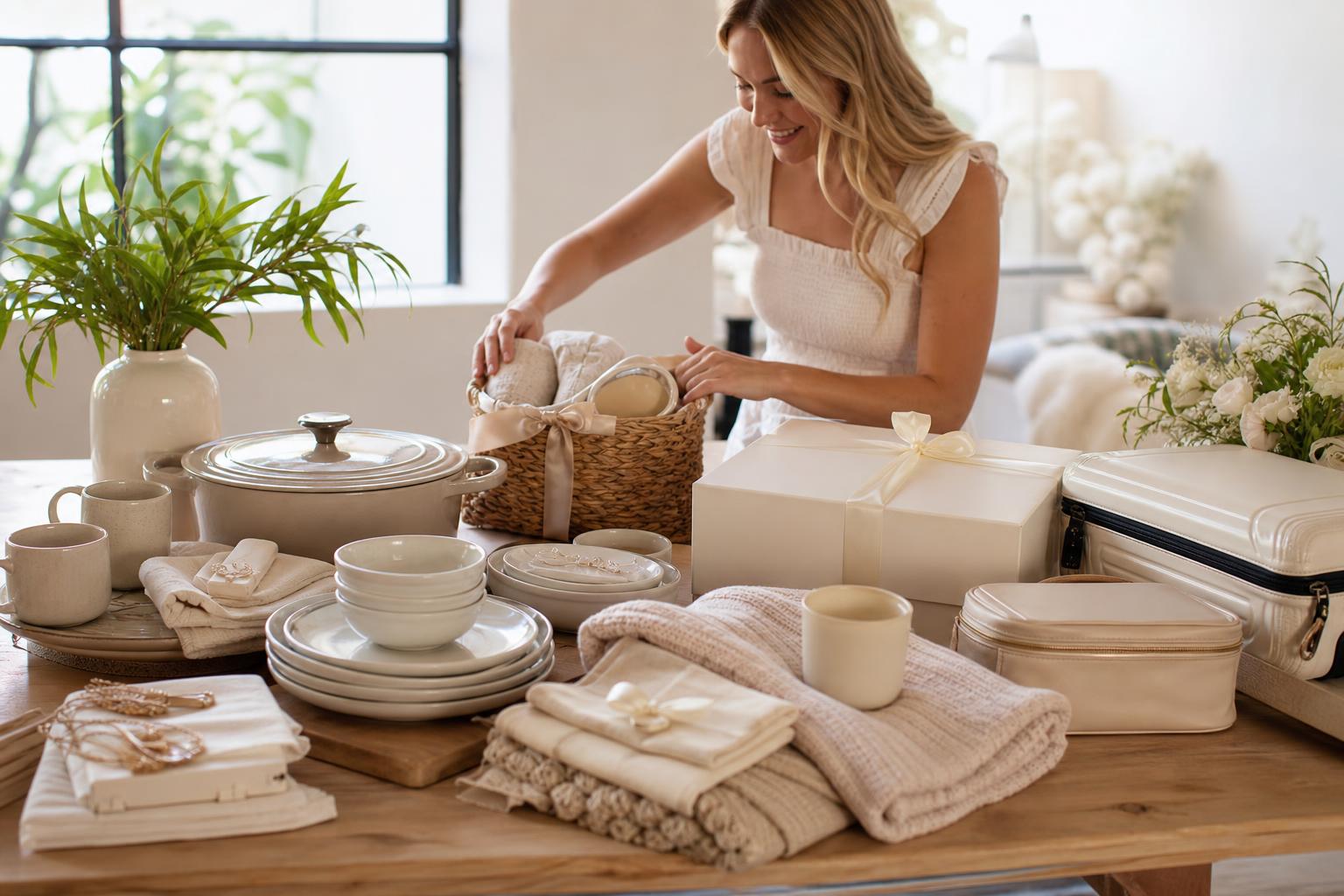 Bridal shower gift ideas styled on a soft neutral table with elegant wrapping, ribbon, and a handwritten card