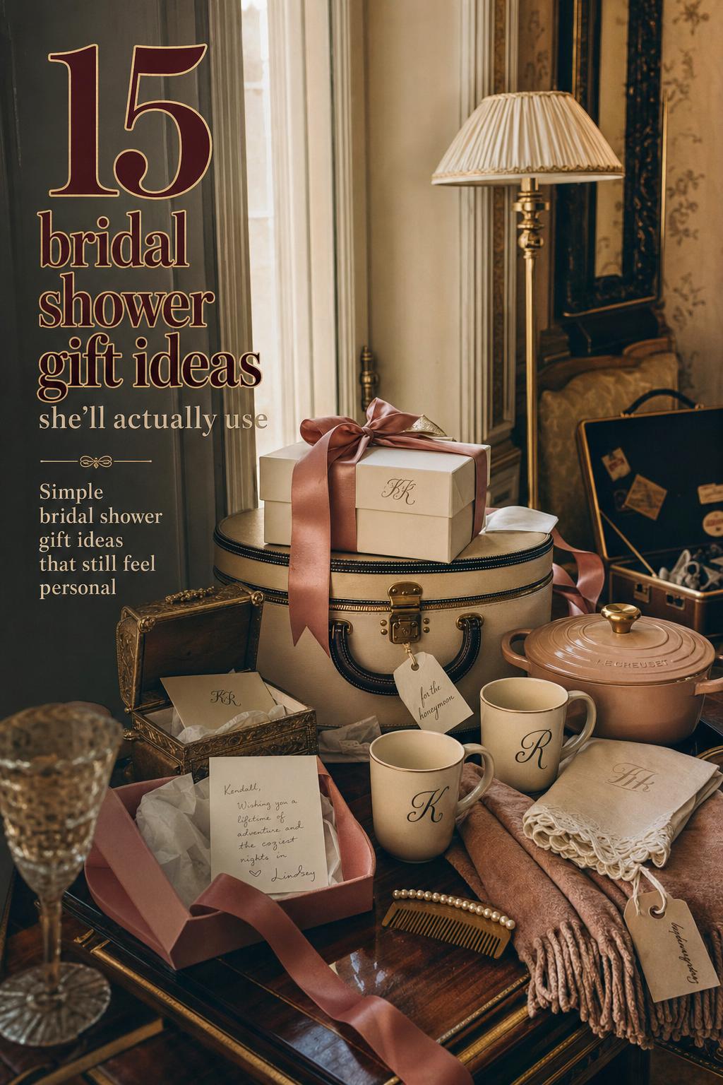 Bridal shower gift ideas styled on a vintage hotel writing desk with cream and dusty rose wrapped gifts by a window