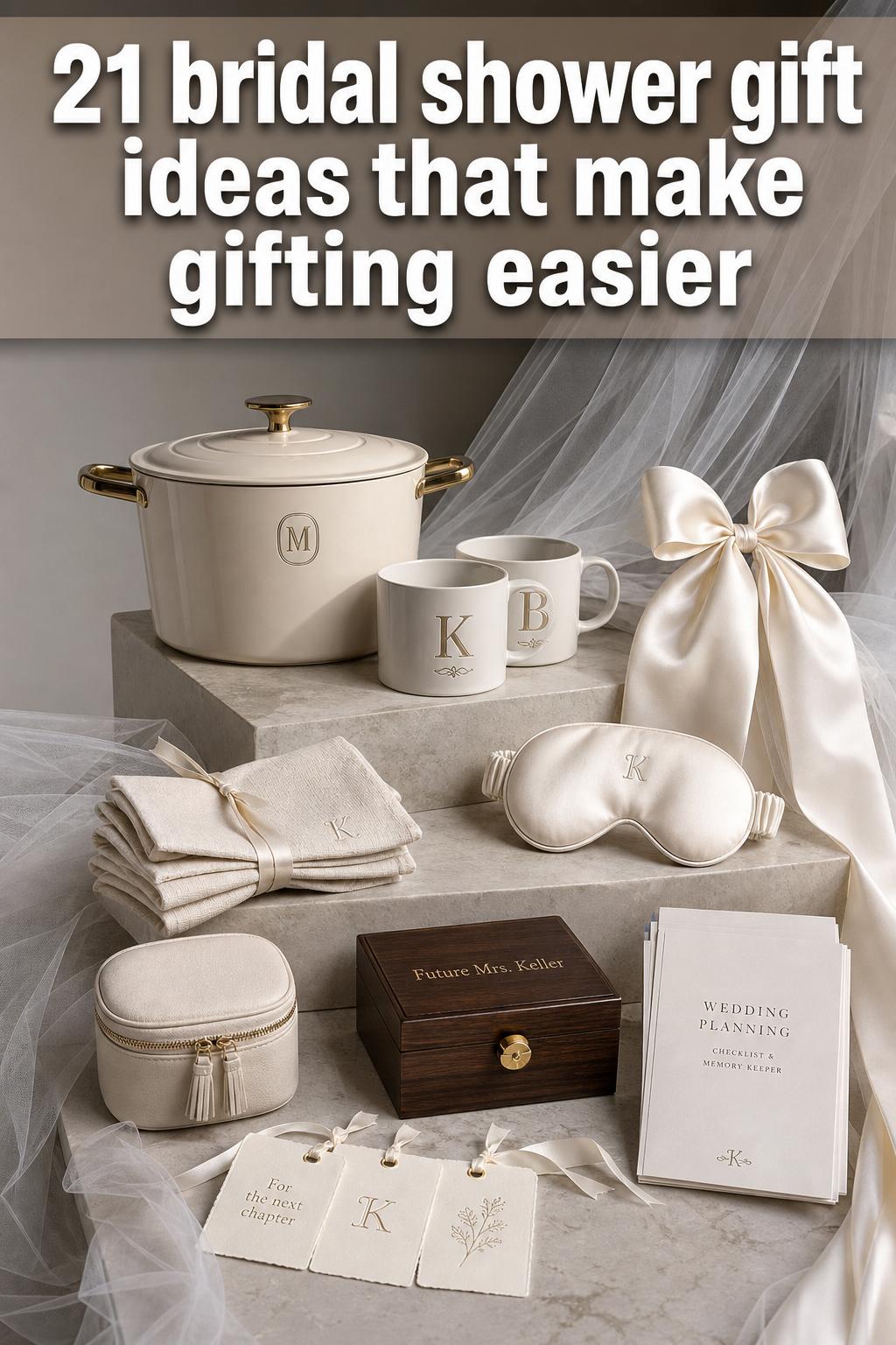 Bridal shower gift ideas displayed on a beautifully wrapped present with flowers and a gift tag on a bright table.
