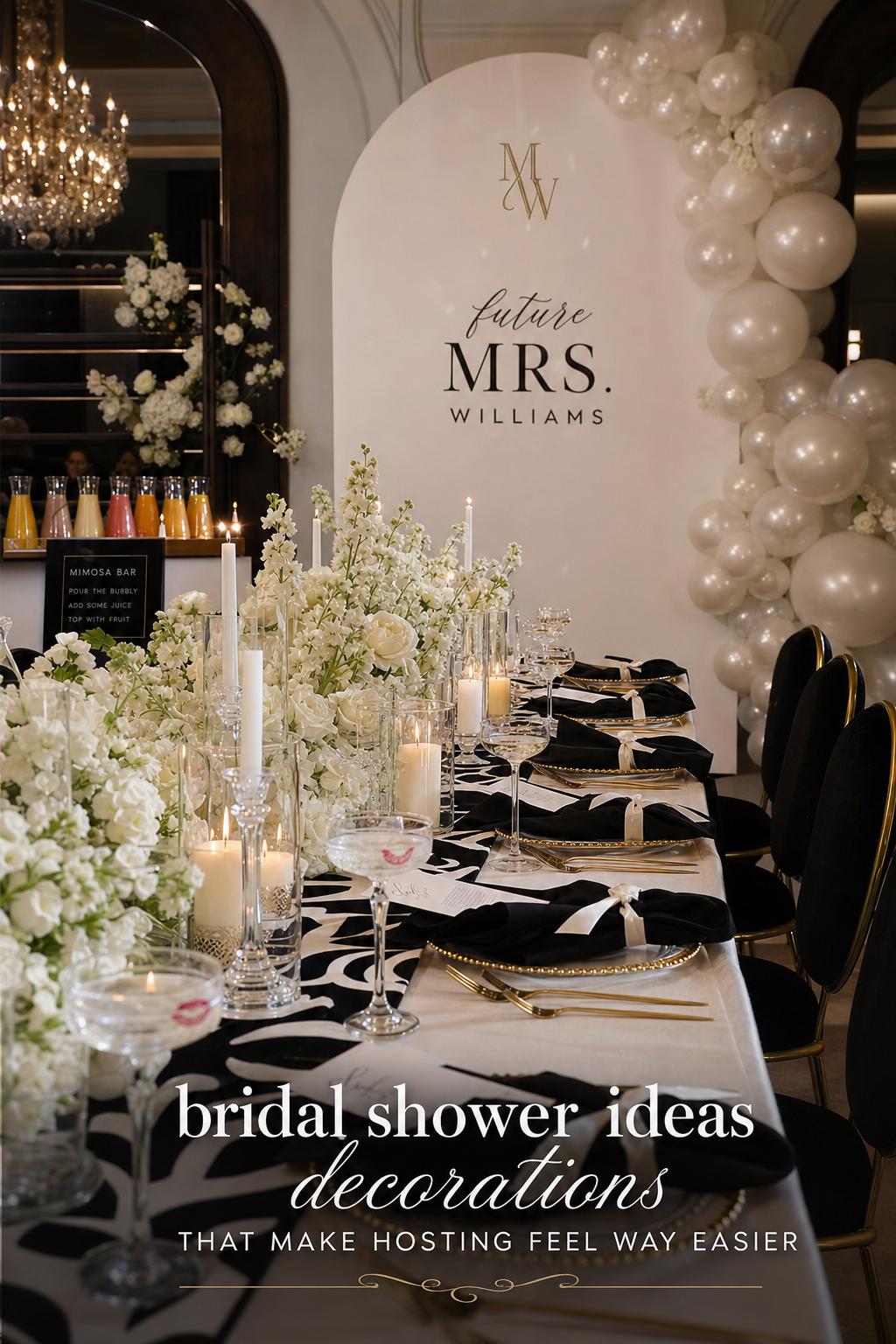 Bridal shower ideas decorations in a quiet-luxury black tie tablescape with pearl balloons, white florals, candles, and monogram backdrop.