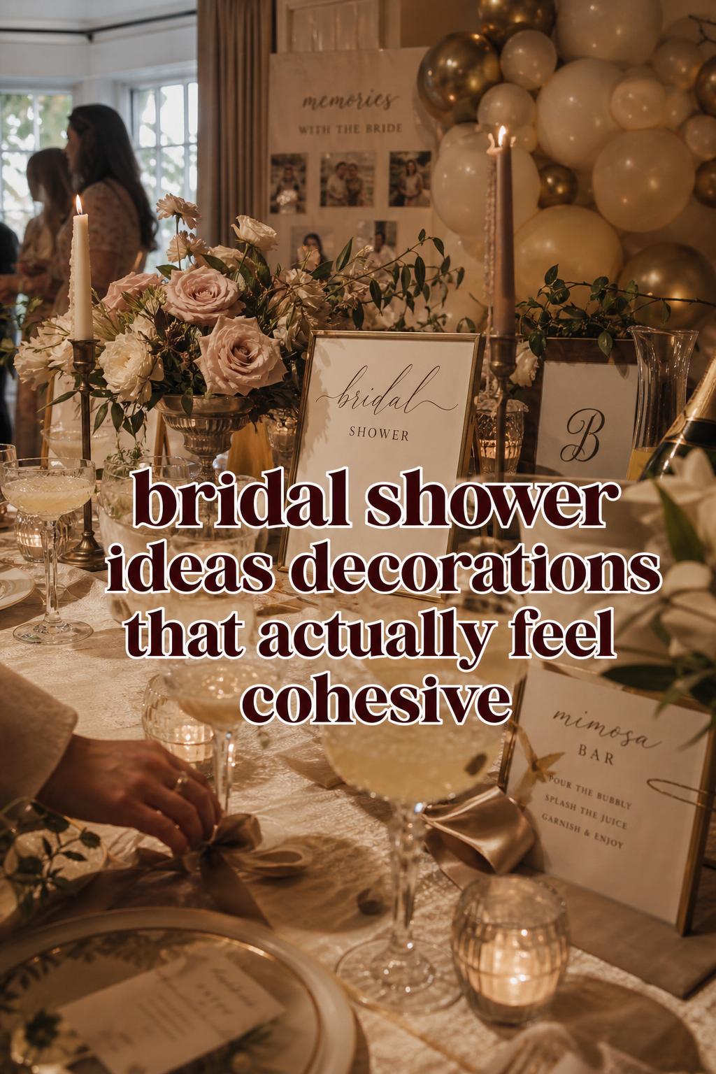Bridal shower ideas decorations with candlelit brunch tablescape, florals, taper candles, champagne coupes, and elegant at-home backdrop