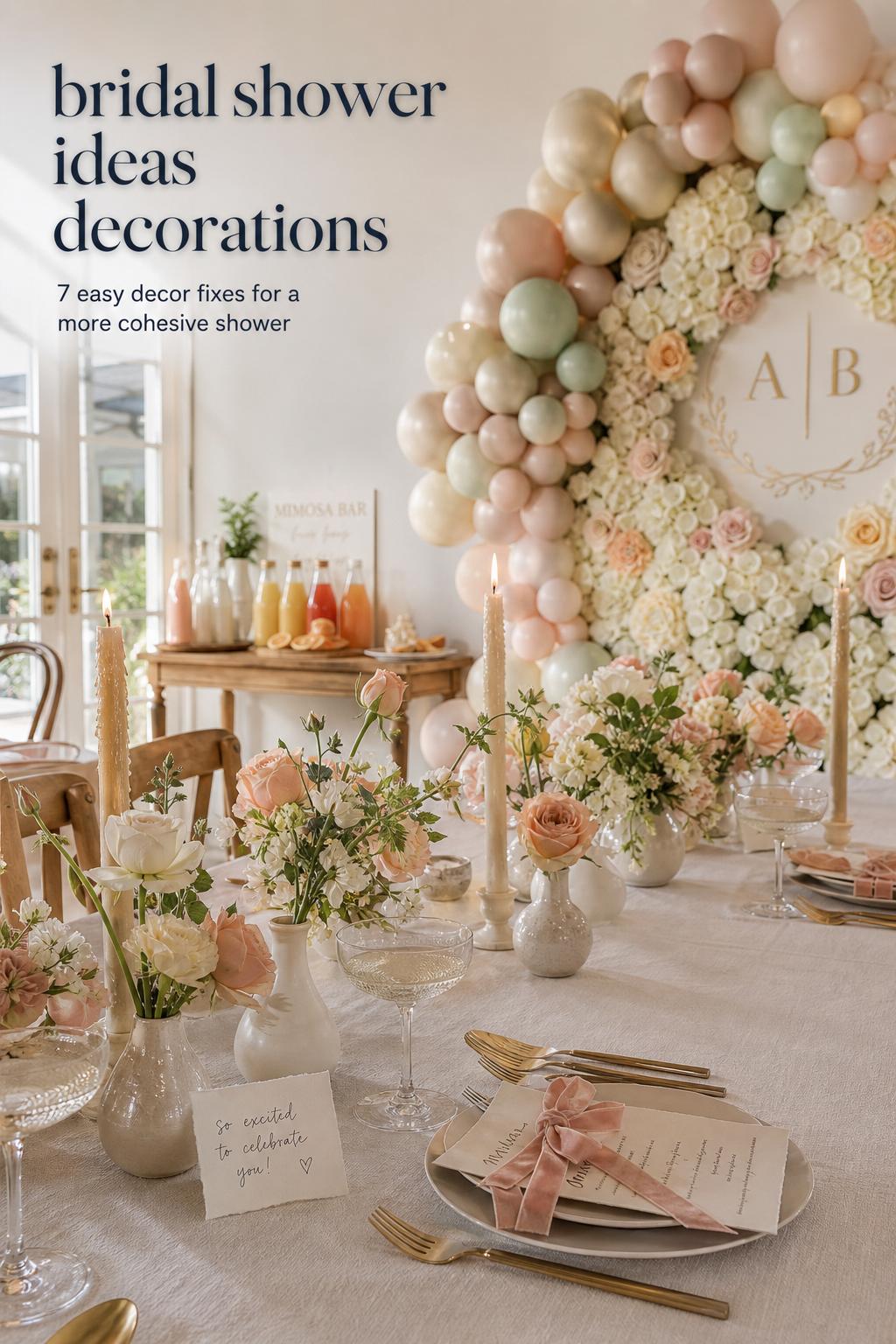 Bridal shower ideas decorations with elegant garden tablescape, blush florals, taper candles, and monogram backdrop in soft light