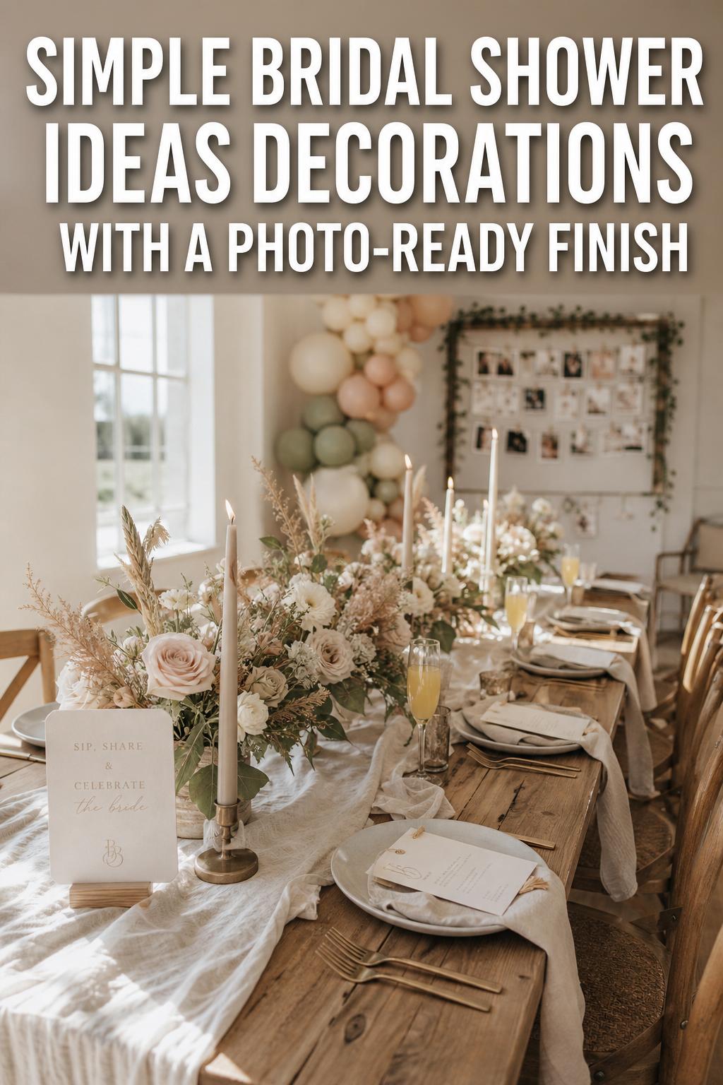 Bridal shower ideas decorations with elegant pastel balloon arch, floral table setting, and personalized signage
