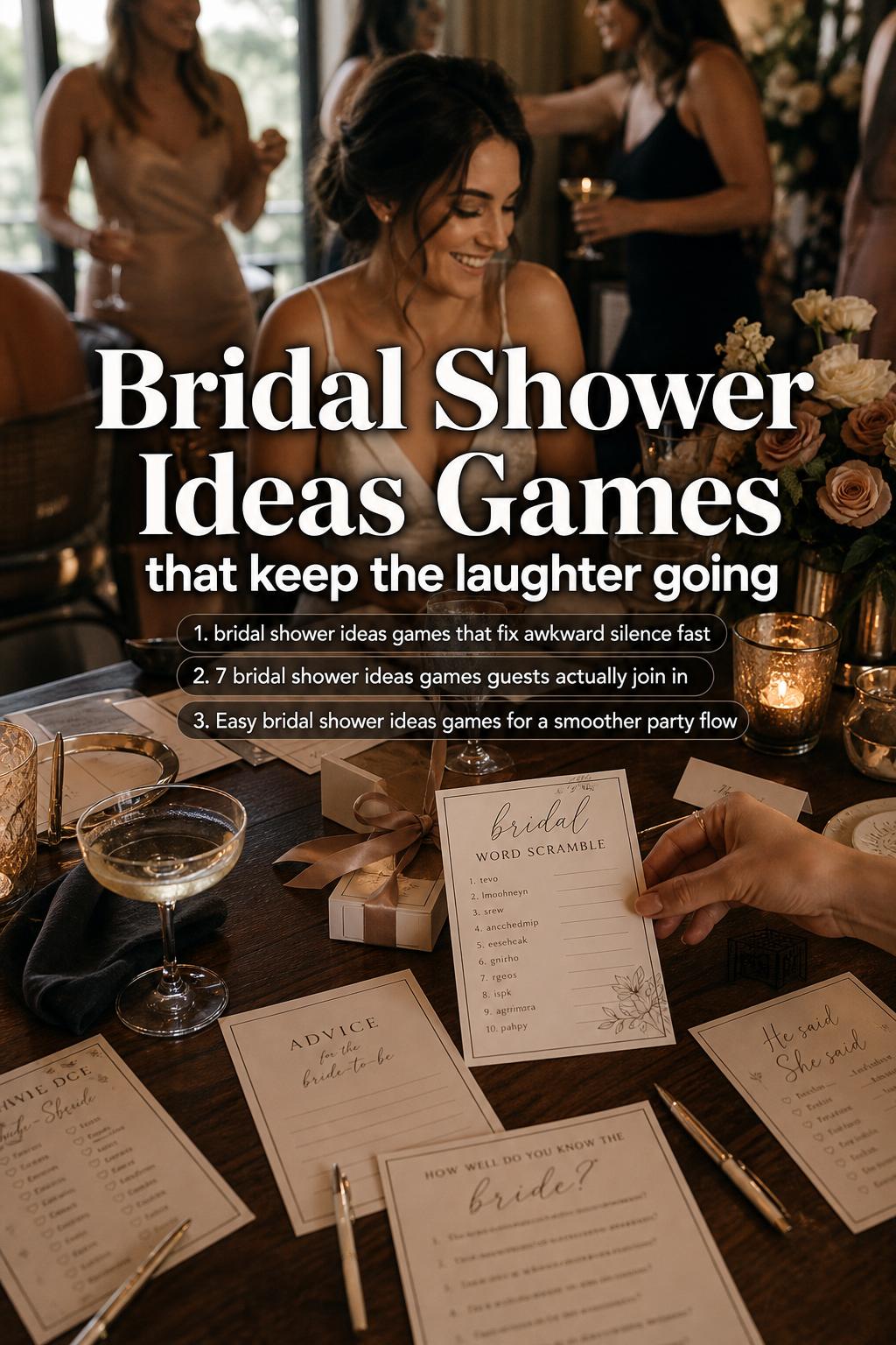 Bridal shower ideas games on an elegant brunch table with printable cards, pens, champagne coupes, and guests mingling