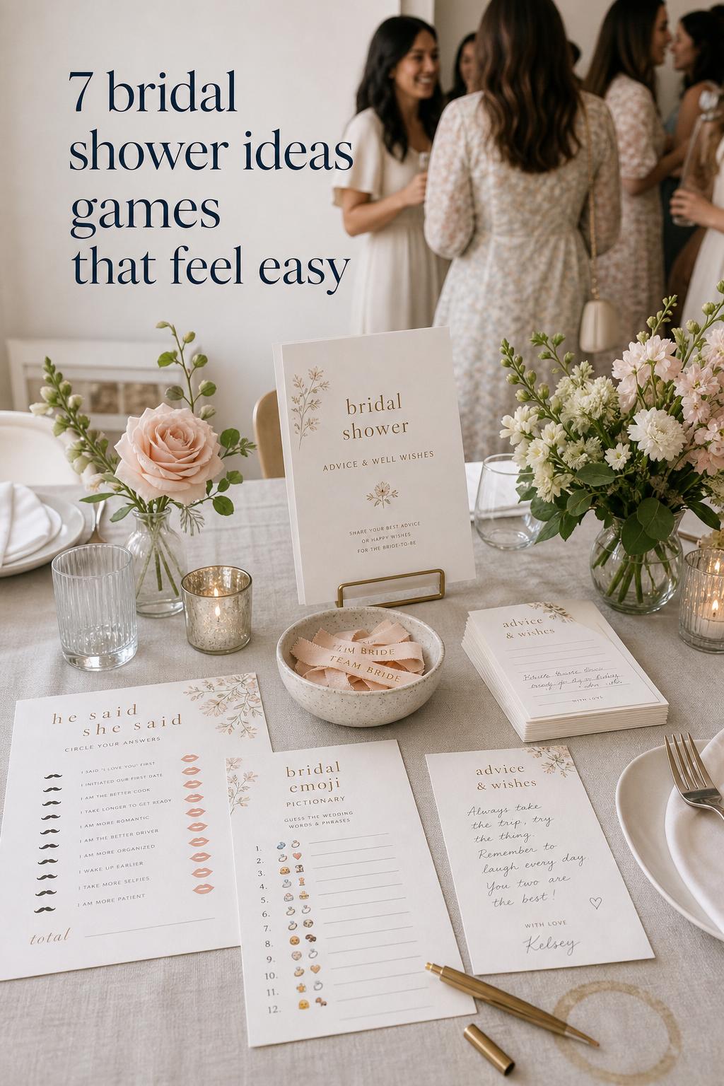 bridal shower ideas games table with printable sheets, advice cards, pens, and prize ribbons in a quiet luxury brunch setting