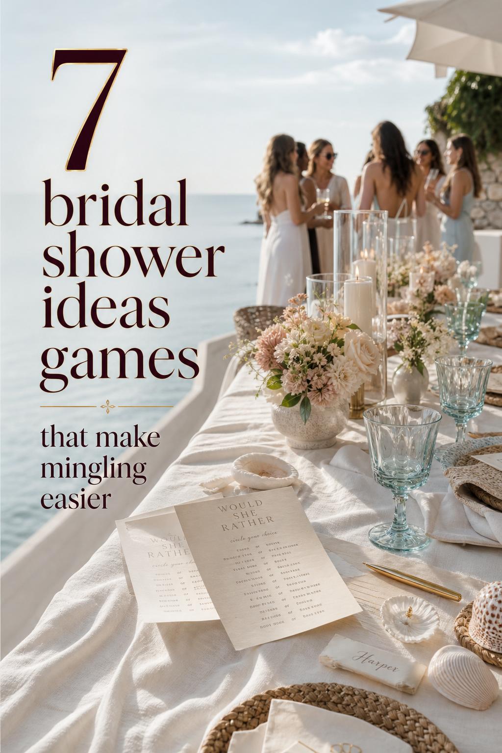 Bridal shower ideas games setup on an oceanfront resort terrace brunch table with elegant cards, pens, seafoam glassware and soft florals