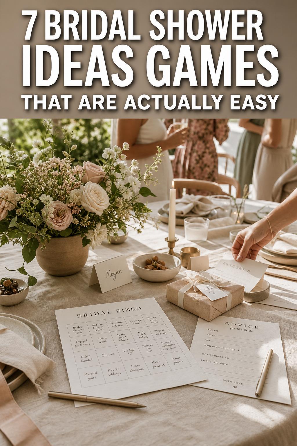 Bridal shower ideas games setup with elegant table decor, cards, and prizes for guests at a bright celebration