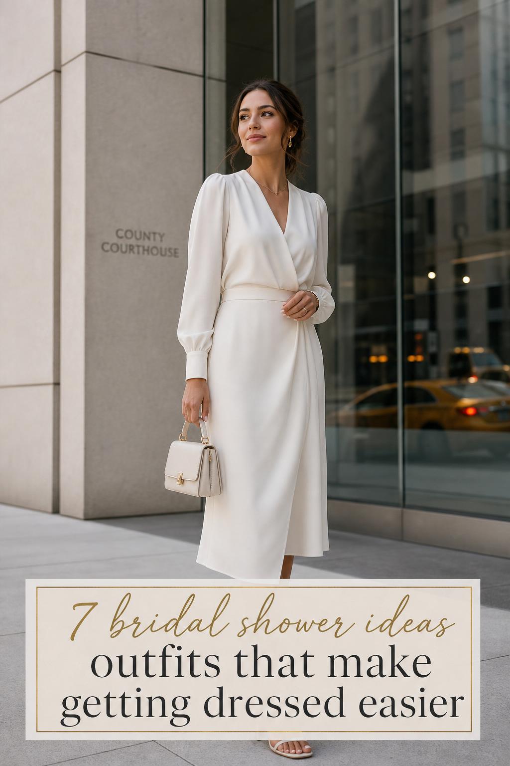 Bridal shower ideas outfits with an ivory midi dress outside a modern city courthouse, polished urban bridal styling