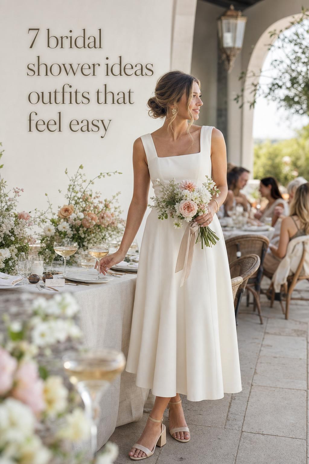Bride in ivory midi dress by patio luncheon table at airy shower, showcasing bridal shower ideas outfits in soft daylight