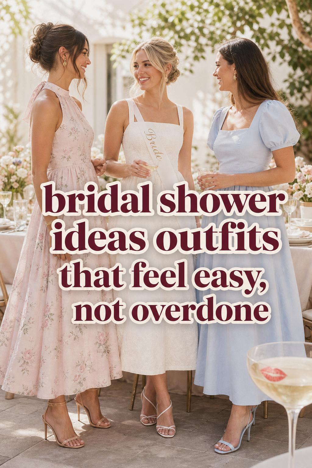 Bridal shower ideas outfits on a garden brunch patio with bride and two guests in pastel dresses, leaving space for text.