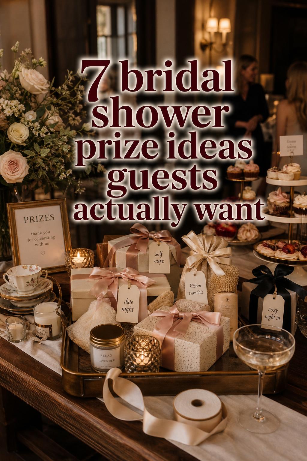 Bridal shower prize ideas display on an elegant brunch-room prize table with ribbon-wrapped boxes, candles, and tea cups.