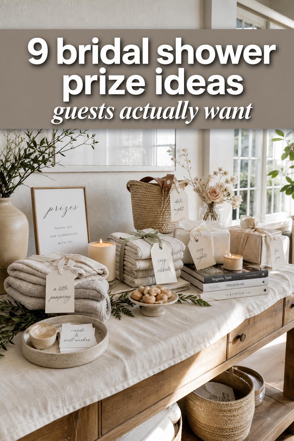 Bridal shower prize ideas displayed on a gift table with wrapped candles, chocolates, and ribbons at a bright celebration
