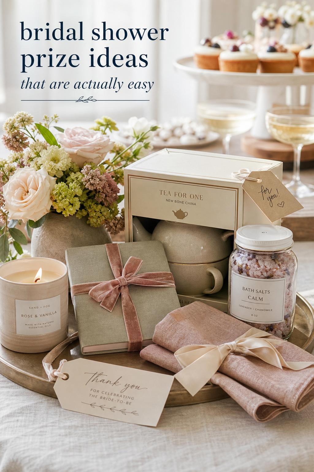 Bridal shower prize ideas displayed on a linen table with candle, notebook, bath salts, tea set, and ribbons in soft light.