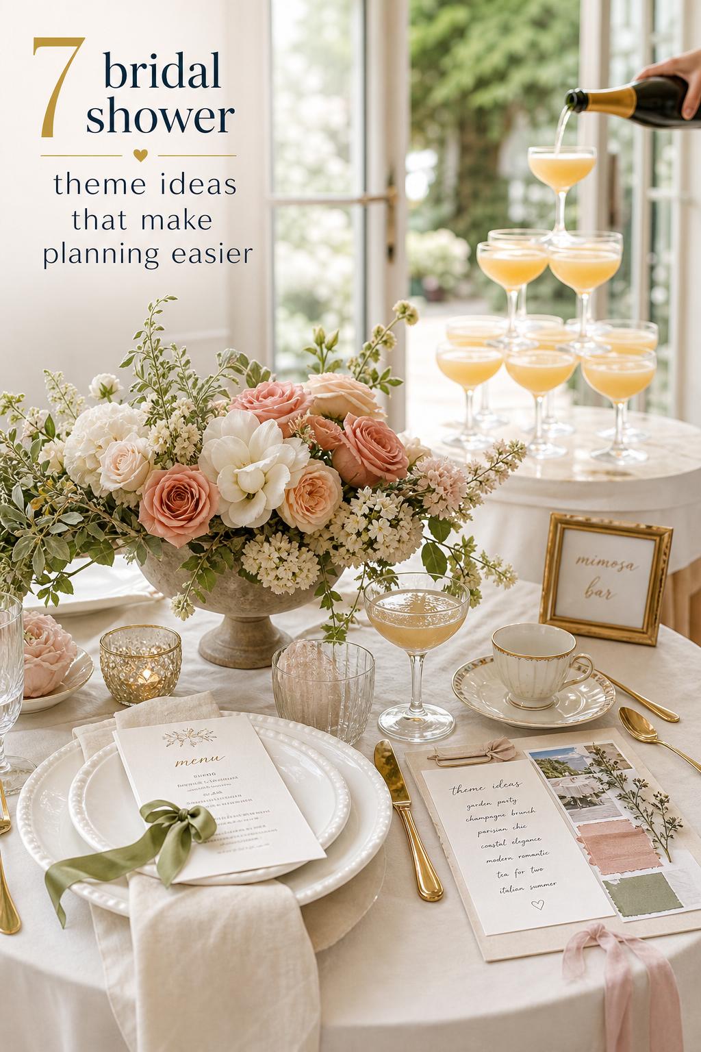 Brunch table corner with blush florals and gold place settings for bridal shower theme ideas, plus menu cards and mimosa tower