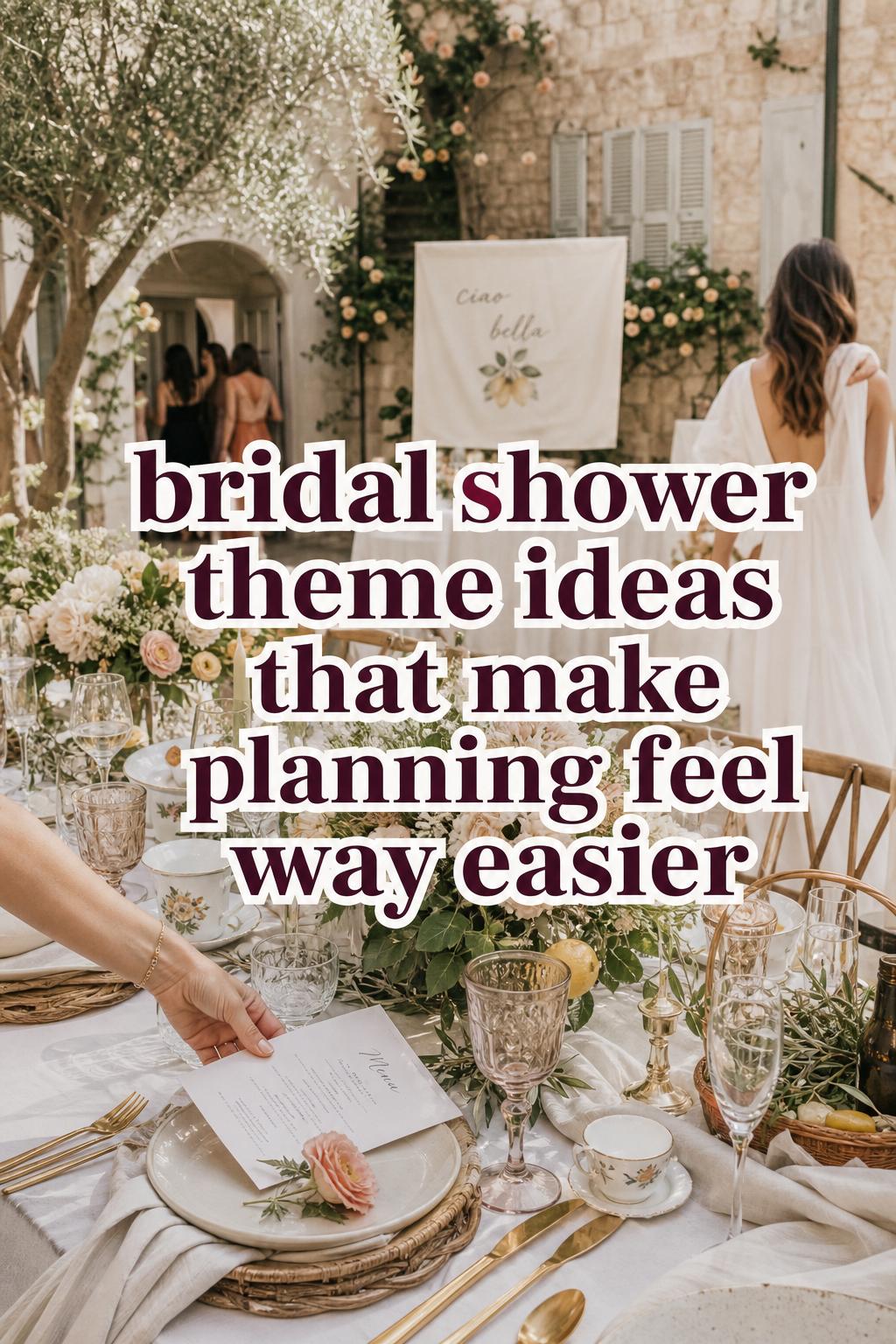 Bridal shower theme ideas shown in a luxury Mediterranean courtyard garden brunch tablescape with linens, florals, and champagne