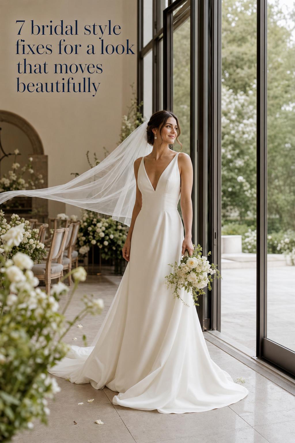 Bridal style in motion as a bride in an ivory silk gown stands between a modern ceremony space and garden terrace