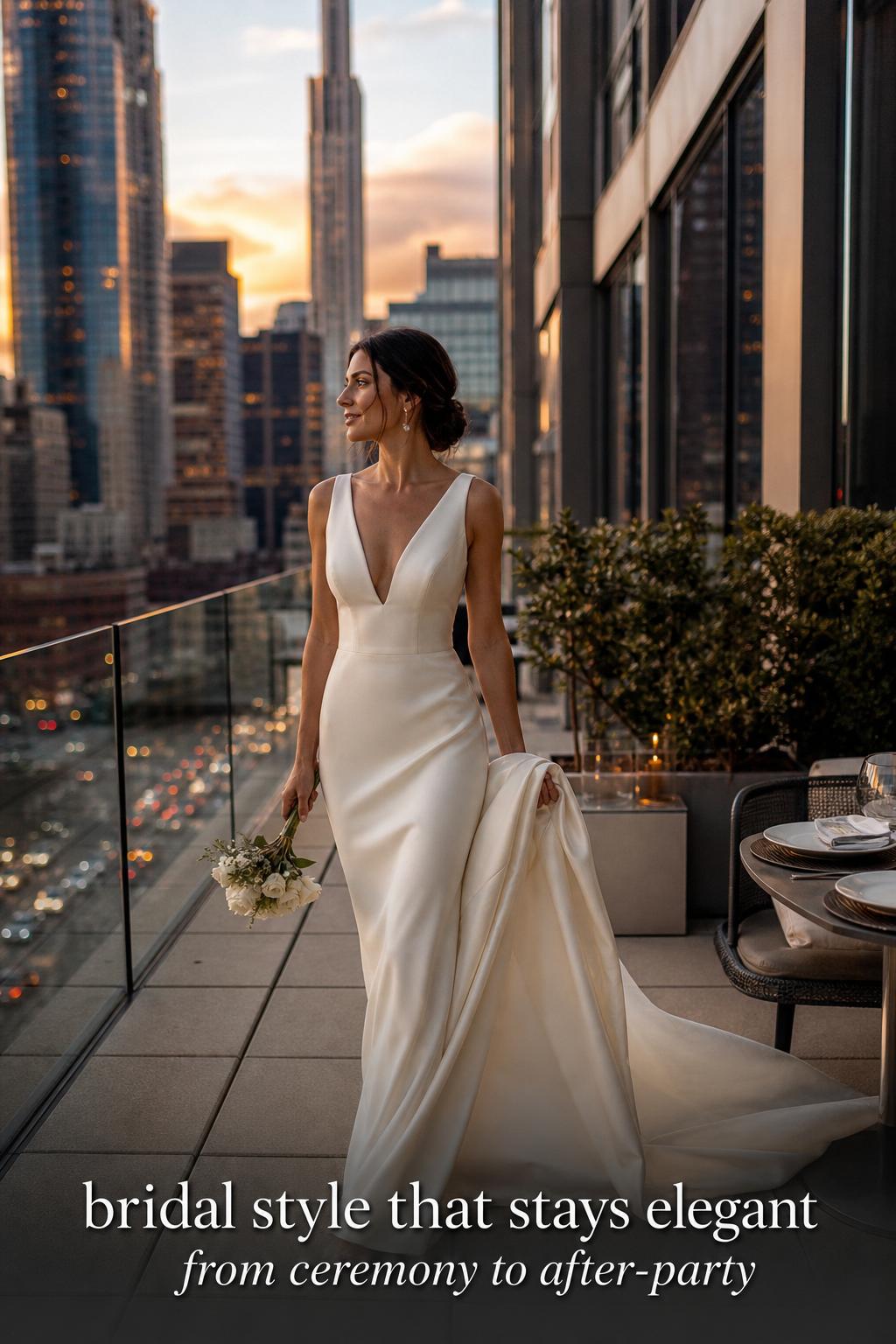Bridal style on a luxury hotel rooftop at golden hour, bride in ivory silk gown with city skyline and glass reflections