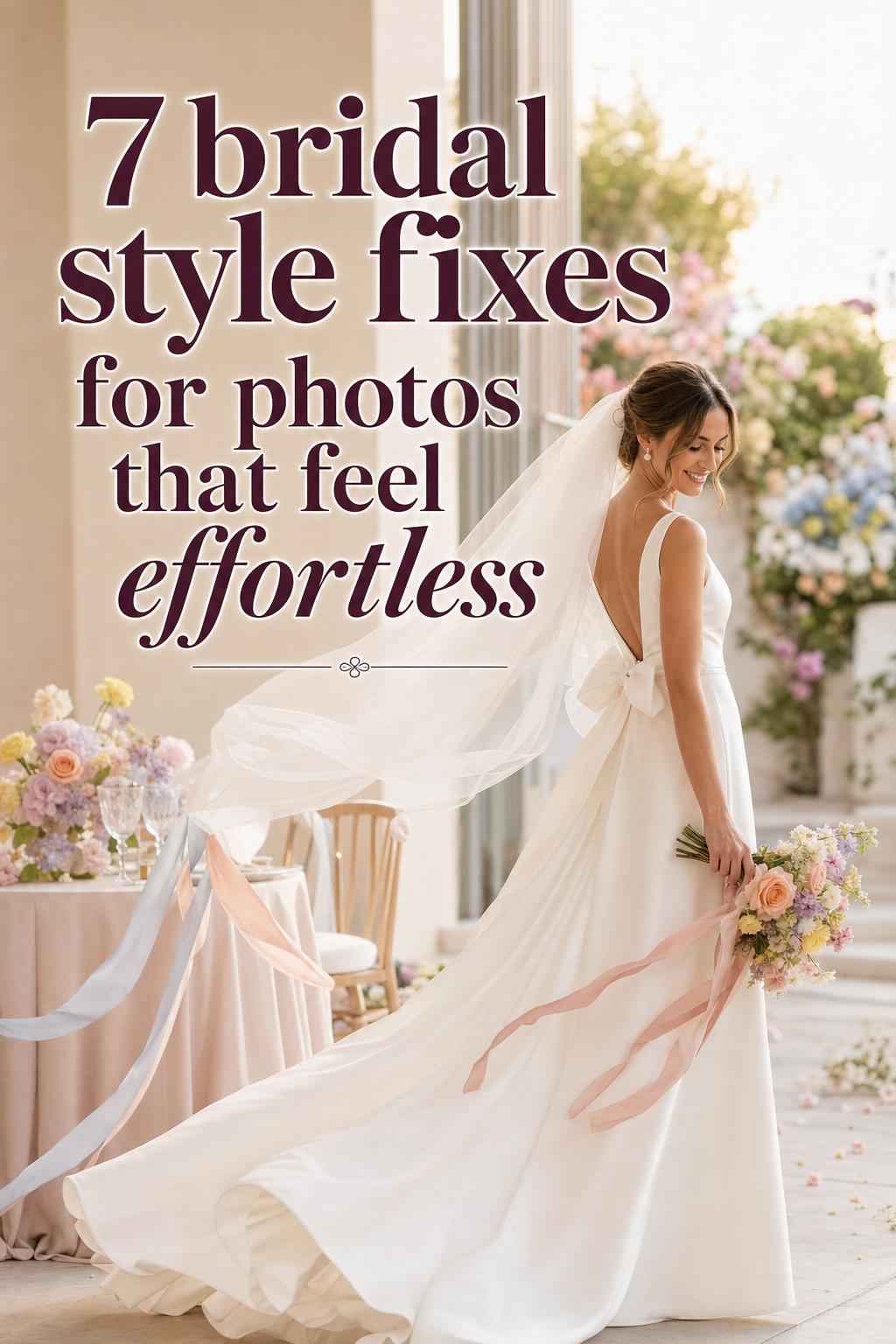 Bridal style portrait of a modern bride in a satin gown with wind-lifted ribbons in a pastel ceremony-to-reception venue