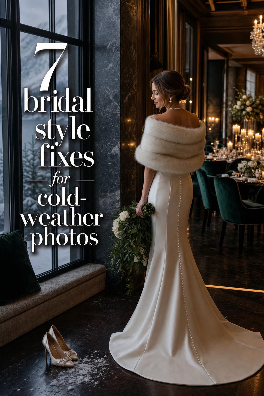 Bridal style in a winter alpine venue entrance with ivory satin gown, faux fur stole, candlelit reception glow and snowy windows