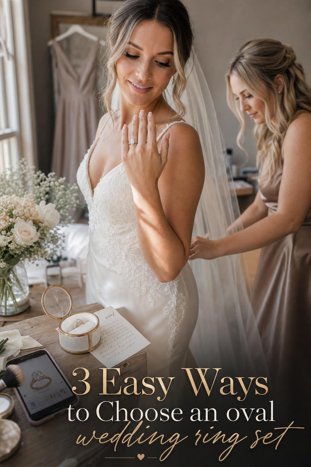 Bride admiring oval wedding ring set by sunlit window as maid of honor buttons gown, bridal suite details in soft light