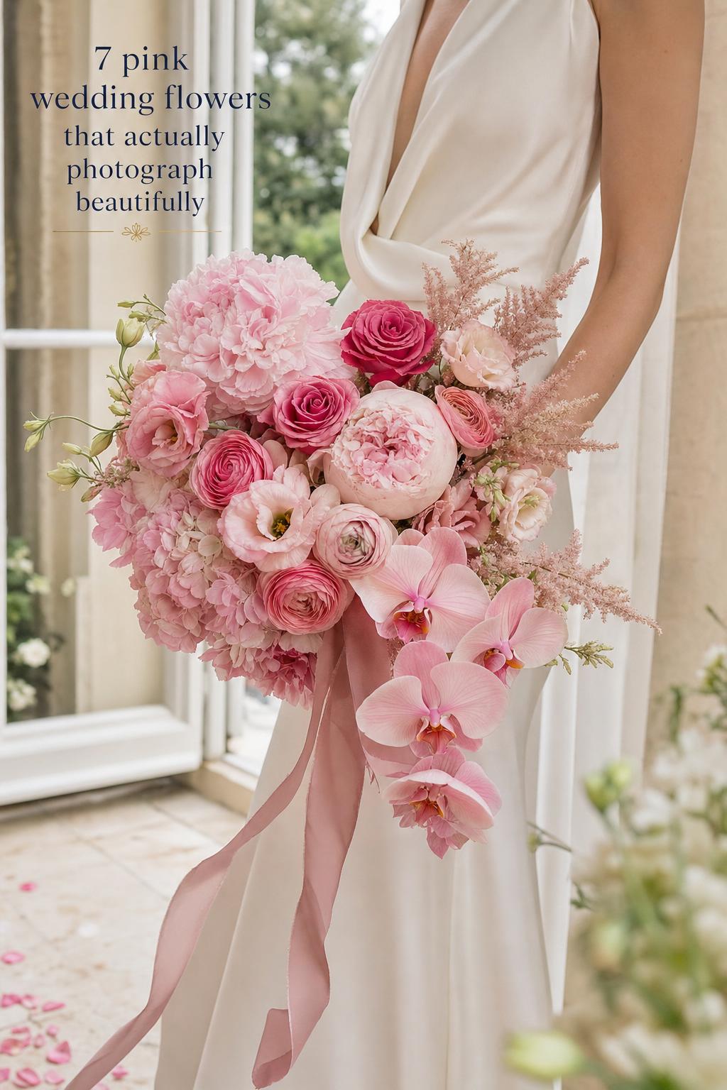 Bride holding sculptural bouquet of pink wedding flowers with trailing silk ribbon in soft daylight, modern garden doorway backdrop.