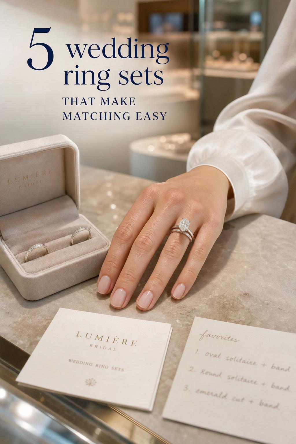 Bride-to-be trying on wedding ring sets with oval solitaire engagement ring and platinum band on jeweler counter