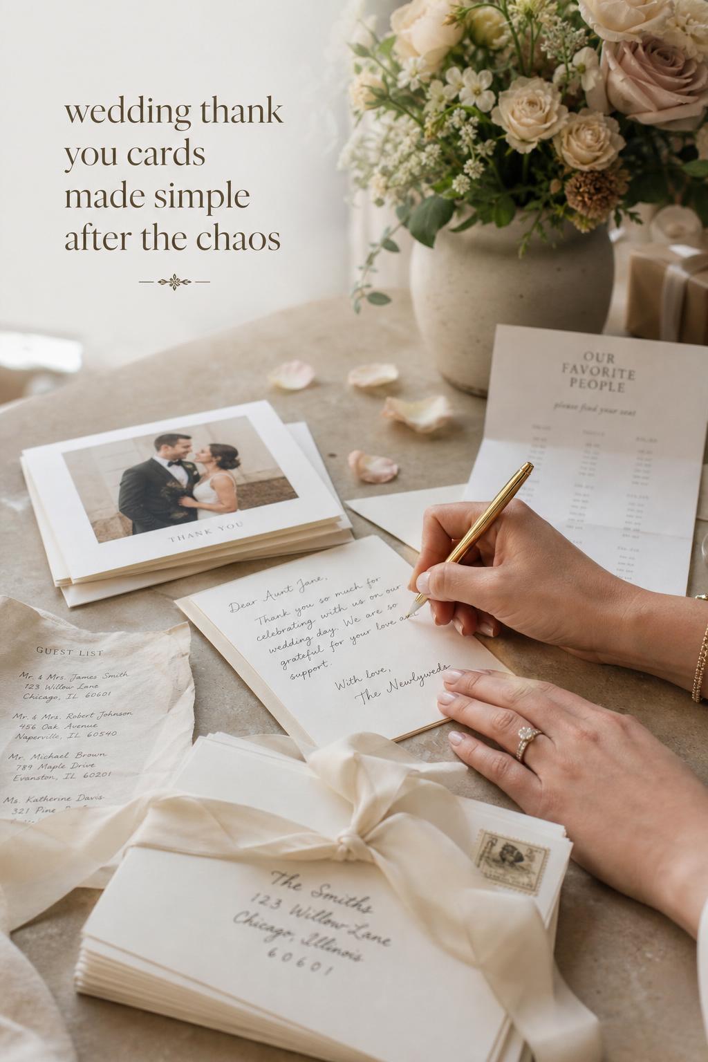 Bride writing wedding thank you cards at a modern post-wedding desk with envelopes, ribbon, and soft florals in window light