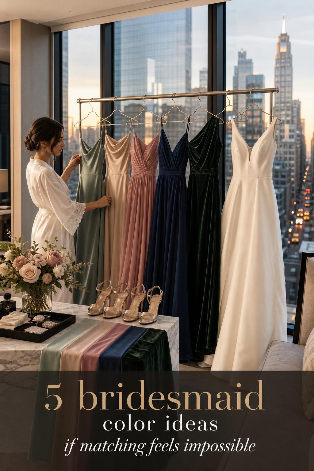 Bridesmaid color ideas shown with sage, champagne, dusty rose, navy and emerald dresses beside an ivory gown in a city hotel suite