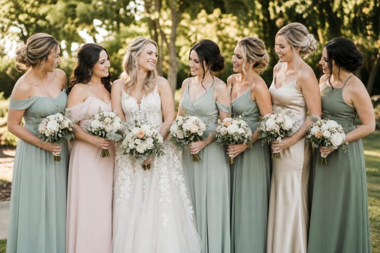 Bridesmaid color ideas with sage, blush, champagne and navy swatches styled beside a bridal gown in natural light