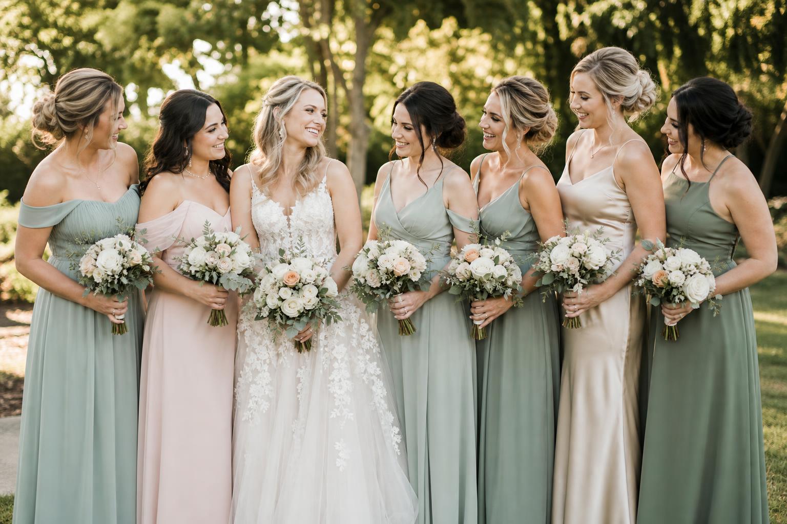 Bridesmaid color ideas with sage, blush, champagne and navy swatches styled beside a bridal gown in natural light