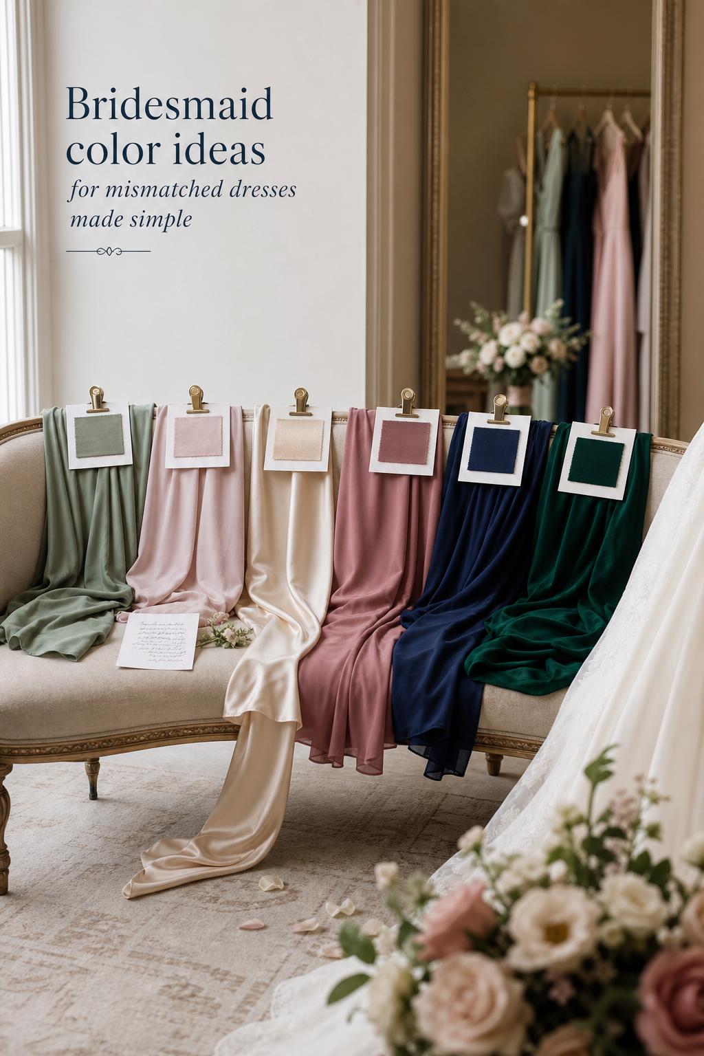 Bridesmaid color ideas shown in a curated settee arrangement of sage, blush, champagne, dusty rose, navy and emerald swatches.