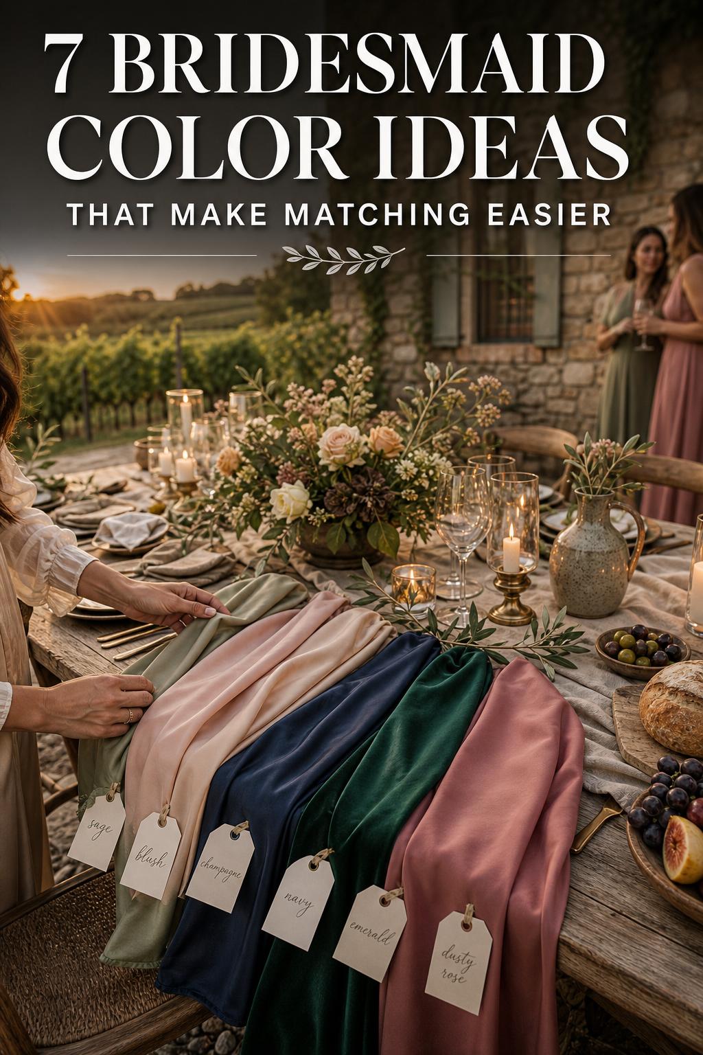 Bridesmaid color ideas shown in a wedding palette with pastel dresses and matching floral bouquets