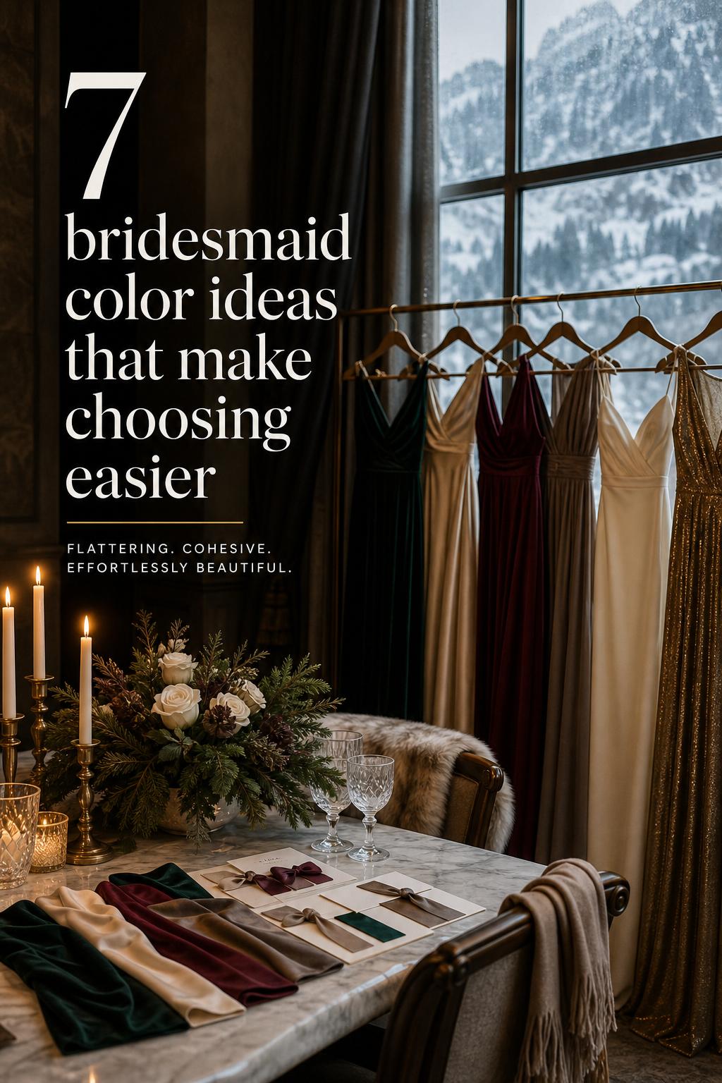 Bridesmaid color ideas styling consultation with luxe winter gowns, candlelit marble table, and snowy alpine resort window view