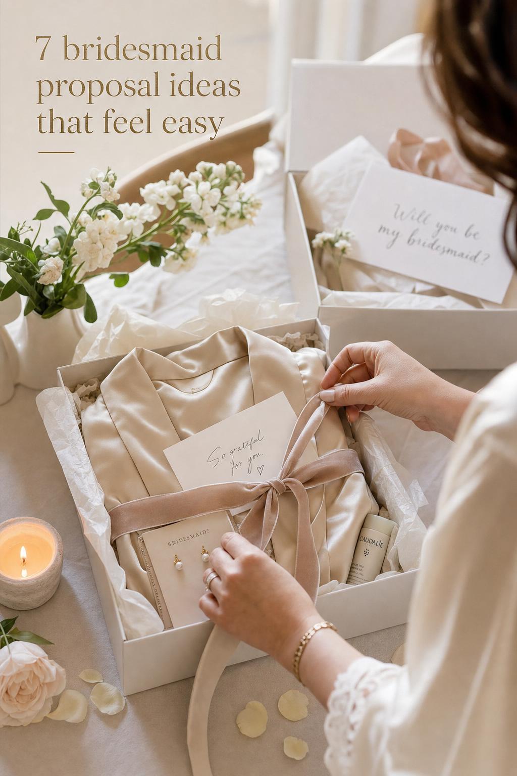 Bridesmaid proposal ideas with a champagne silk robe gift box, handwritten note, and ribbon on a linen table in soft window light