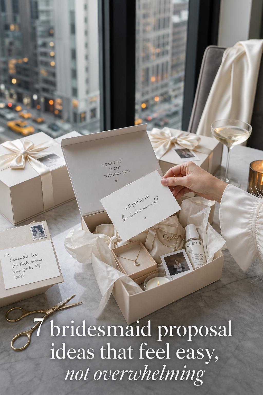 Bridesmaid proposal ideas: elegant gift boxes by city apartment window with skyline view, ribbons, note card and champagne