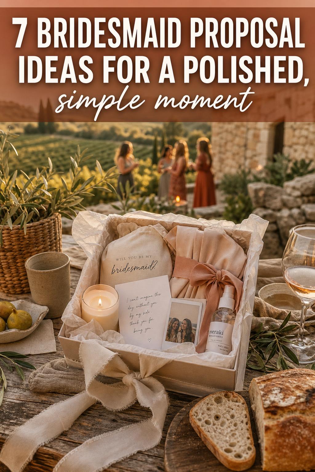 Flat lay of bridesmaid proposal ideas with gift box, card, ribbon and flowers on a bright white desk