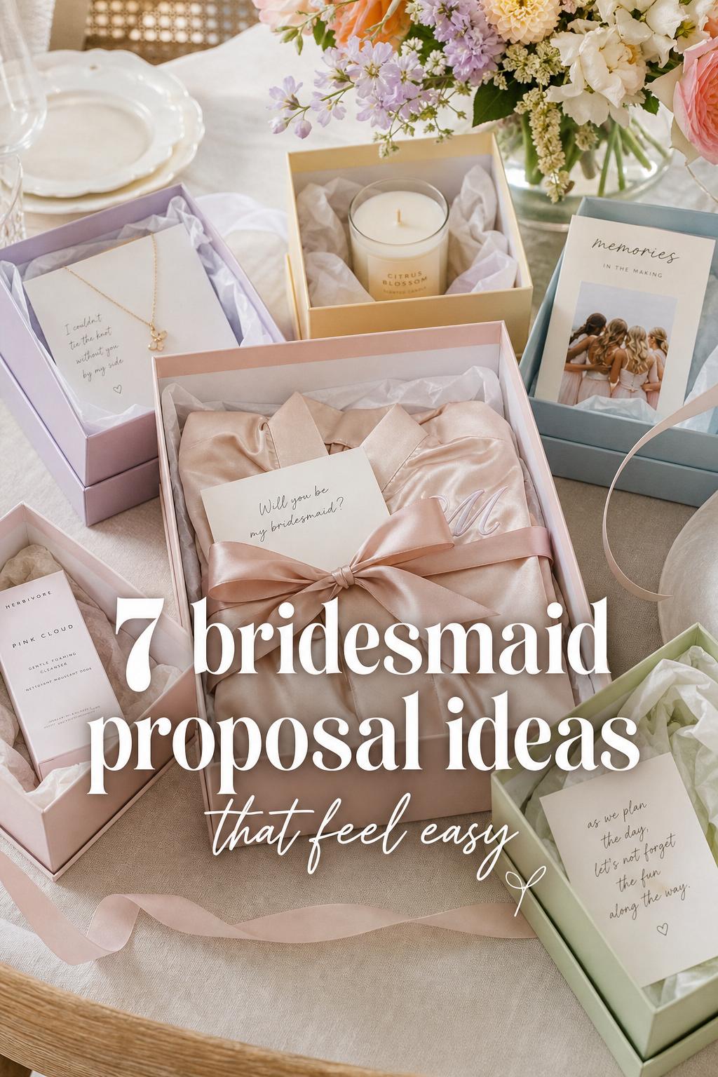 Bridesmaid proposal ideas shown in pastel gift boxes with robe, card, jewelry, candle, and florals on a bright linen table