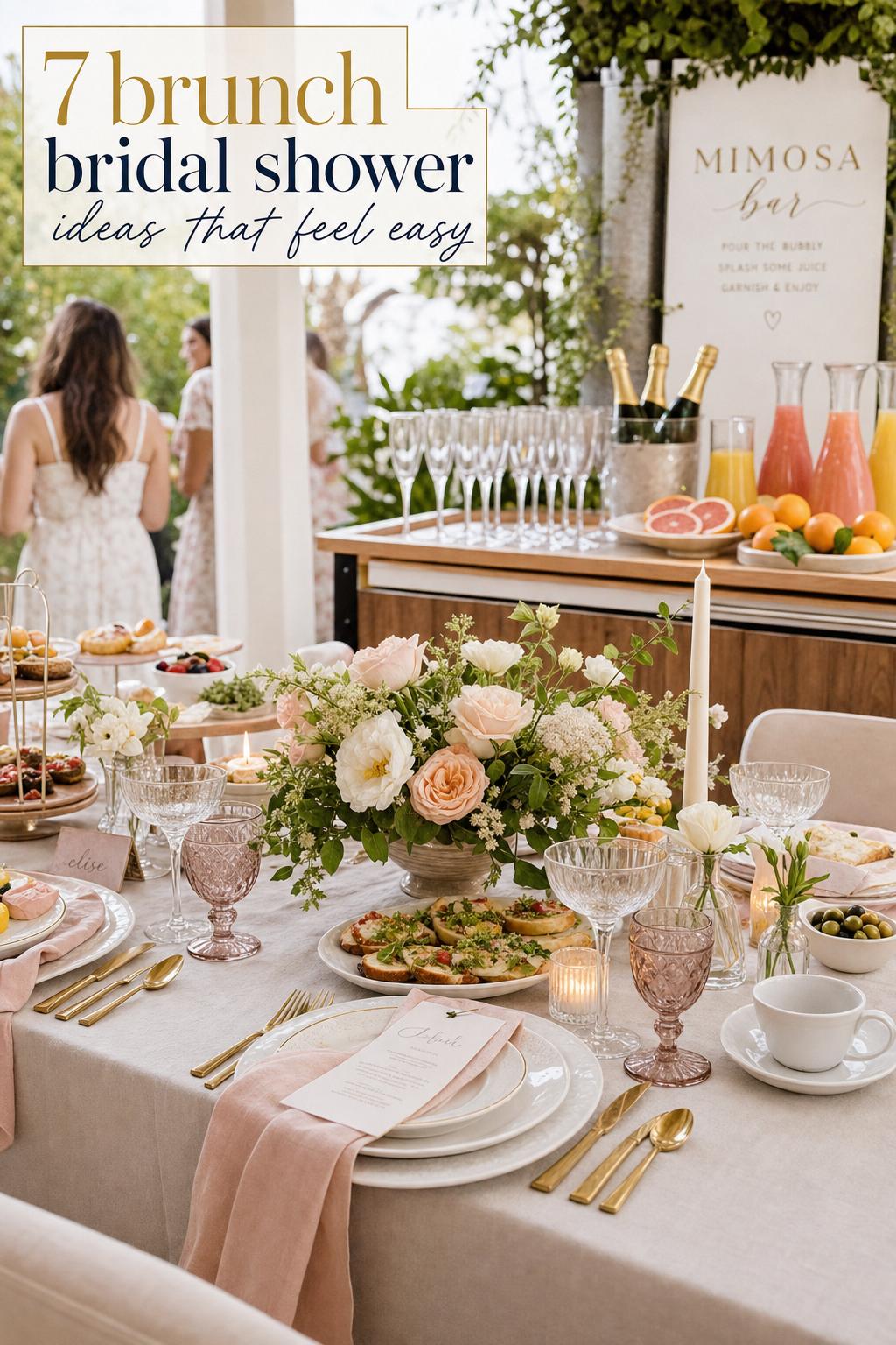 Brunch bridal shower ideas tablescape with blush linens, fresh florals, pastries, and a mimosa bar in bright natural light