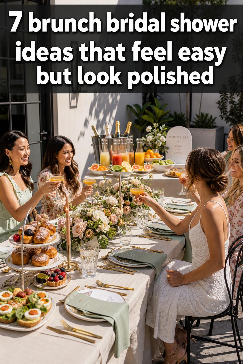 Brunch bridal shower ideas with elegant table setting, mimosas, and floral centerpiece in a bright dining room