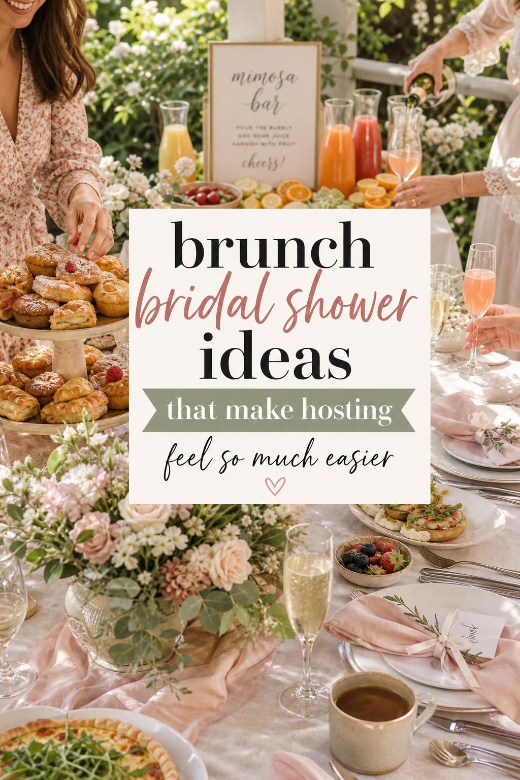 Brunch bridal shower ideas with elegant garden terrace table, pastries, mimosas, florals, and guests’ hands in soft sun