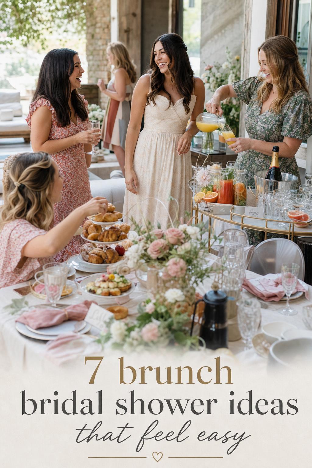 Brunch bridal shower ideas: bride laughing by mimosa bar as guest pours juice into flute at bright garden brunch table