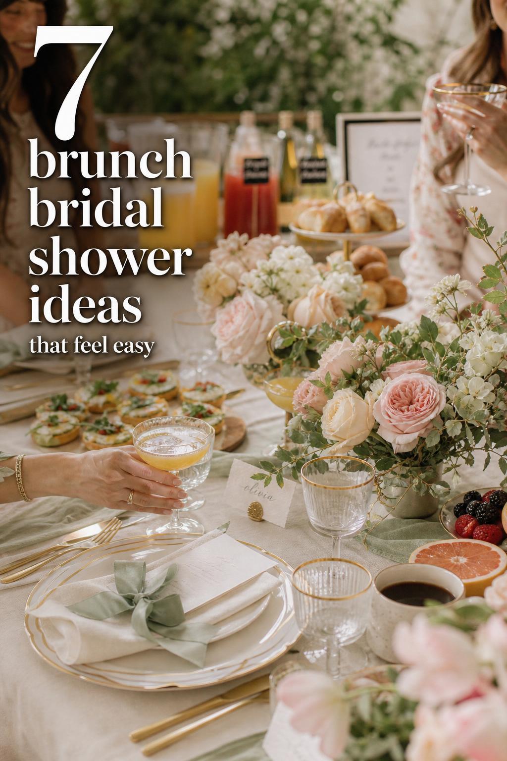Bridal shower brunch tablescape with florals, coupe glasses, pastries and mimosa bar, featuring brunch bridal shower ideas