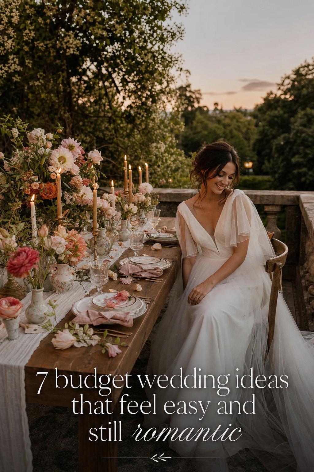 Budget wedding ideas: candlelit garden dinner table with blush flowers, vintage vases and bride at dusk