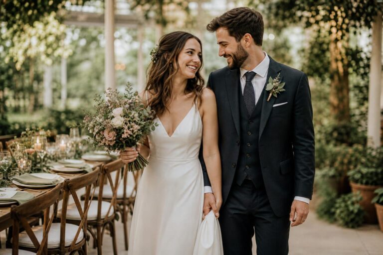 Budget wedding ideas: intimate candlelit reception table with greenery, seasonal flowers, and simple place settings