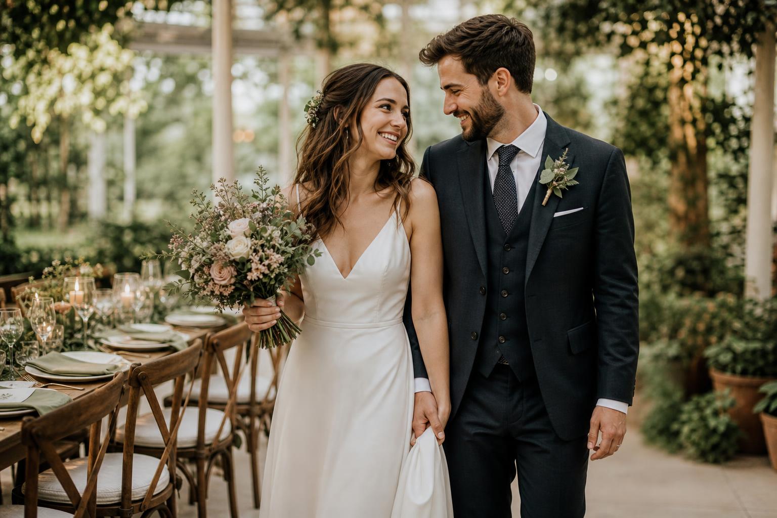 Budget wedding ideas: intimate candlelit reception table with greenery, seasonal flowers, and simple place settings